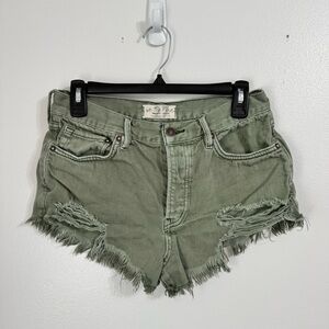 We The Free Olive Green Distressed Frayed Denim Jean Shorts